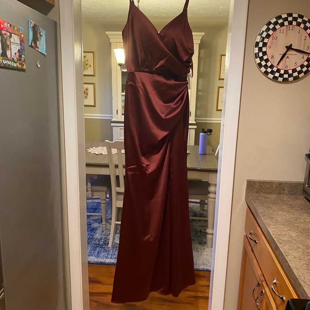 Revelry Satin bridesmaid dress. Style-Rory terracotta rust